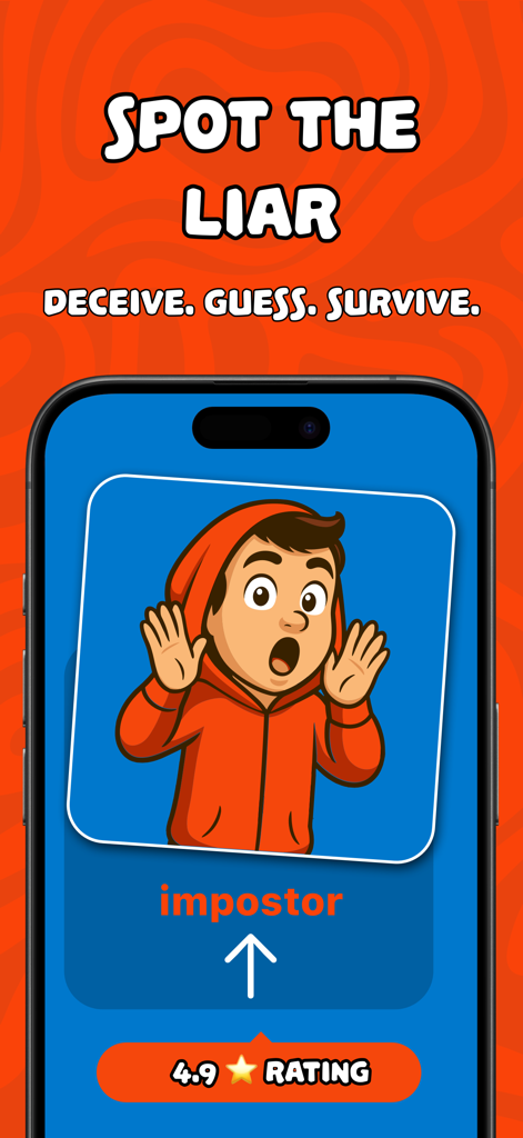 Cluso – Find the Impostor - Pantalla del juego de deducción social Cluso con texto 'descubre al mentiroso' e ilustración de un personaje impostor