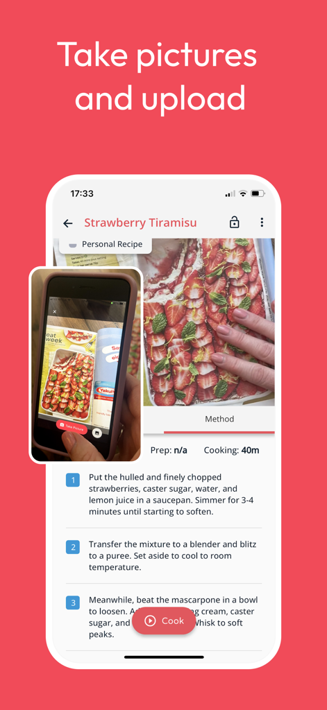 Screenshot of Stashcook app showing a user taking a photo of a physical recipe book to save it digitally as Strawberry Tiramisu