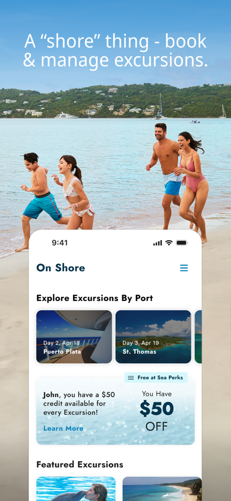 Norwegian Cruise Line app screen displaying shore excursion options and travel credits for passengers