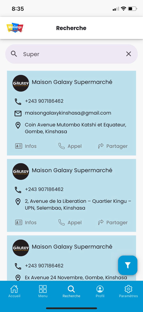 Résultats de recherche de supermarchés à Kinshasa montrant les adresses d'entreprises et les informations de contact dans l'application MonCongo