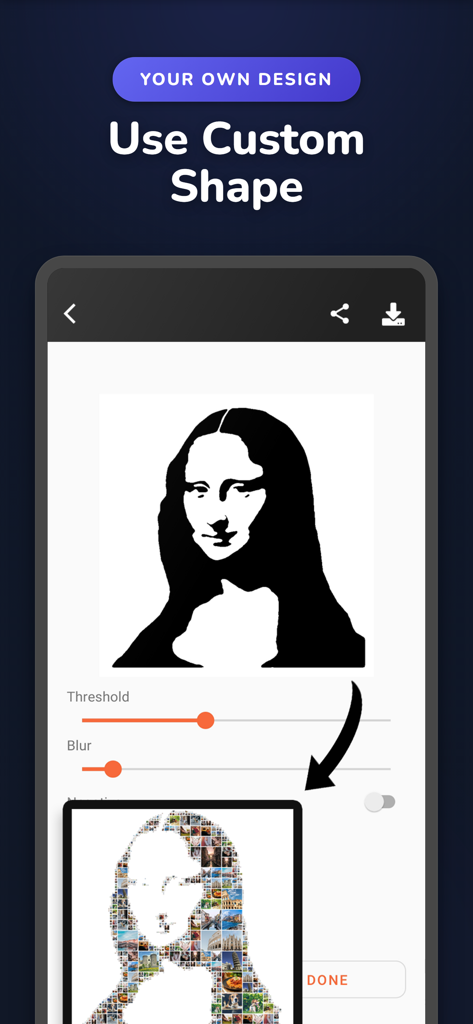 Phinsh Photo Collage Maker - Interface of the Phinsh app showing how to create a custom photo mosaic collage using a silhouette shape and adjustable sliders.