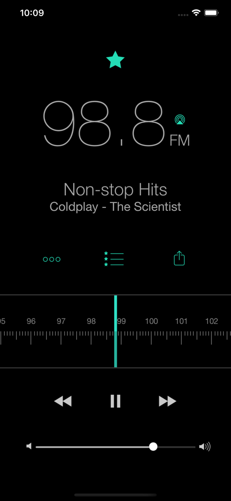 RadioApp - A Simple Radio App - Digital radio interface featuring an analog-inspired tuner slider set to 98.8 FM playing Coldplay.