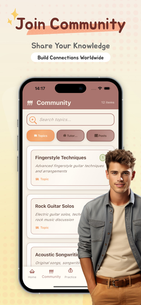 Tigo -  Connect, Play, Grow - Schermata della community dell'app Tigo che mostra argomenti di apprendimento della chitarra come tecniche di fingerstyle e assoli di chitarra rock