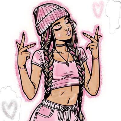 realistic teenage girl with braids and a beanie and crop top doing 🫶🏼