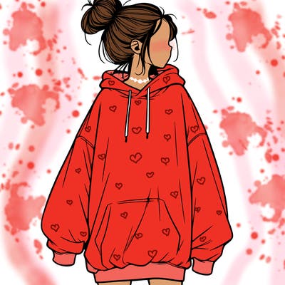 realistic girl with a oversized sweatshirt on and a bun
