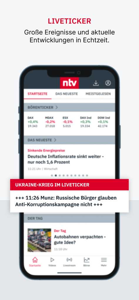 ntv Nachrichten App-Oberfläche mit Echtzeit-Nachrichten-Updates und Börsendaten
