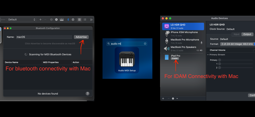 MIDI-Controller - MacOS configuration screens for setting up Bluetooth and IDAM connectivity for a MIDI controller.
