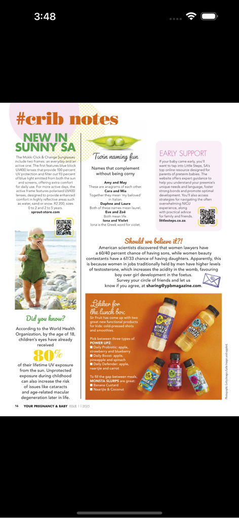 Your Pregnancy SA - Una página de revista digital de Tu Embarazo SA titulada 'Notas de cuna' que presenta artículos sobre nombres de bebés gemelos y consejos de salud.