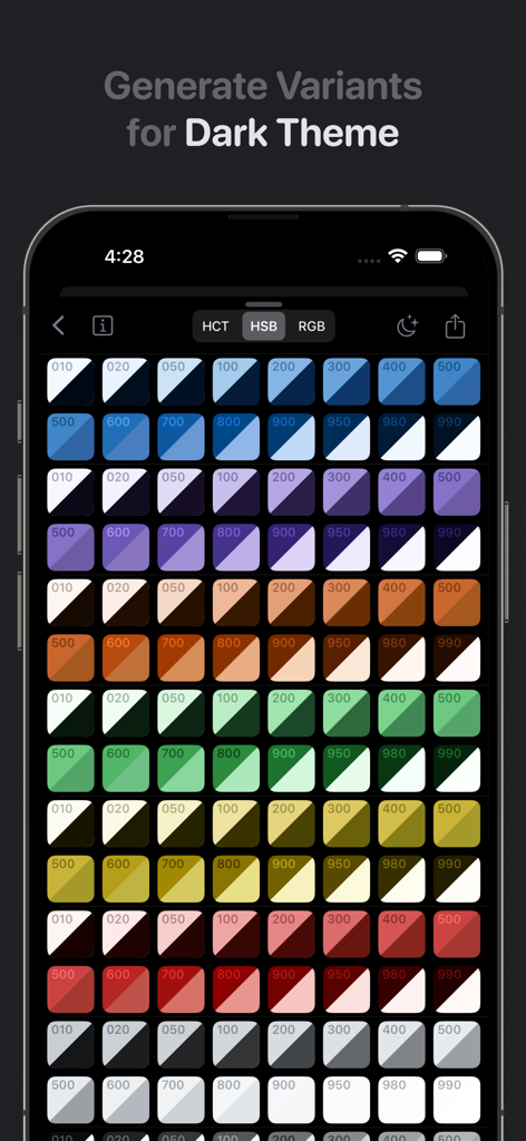 Paletteer Colors - A mobile interface displaying a grid of different color shades with dark theme variants in the Paletteer Colors app