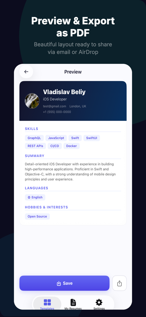 A mobile app screen showing a professional resume preview with options to save and export as a PDF.