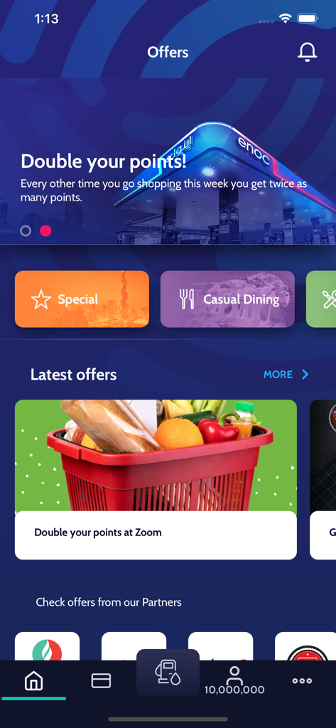 Yes Rewards by ENOC - ダブルポイントプロモーションと食料品取引を特集したYes Rewards by ENOCモバイルアプリのオファー画面。