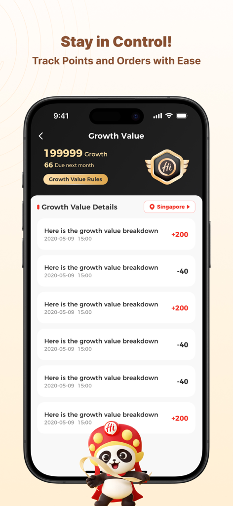Haidilao app screen showing growth value and loyalty points tracking
