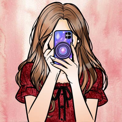 a realistic girl holding her phone taking pictures