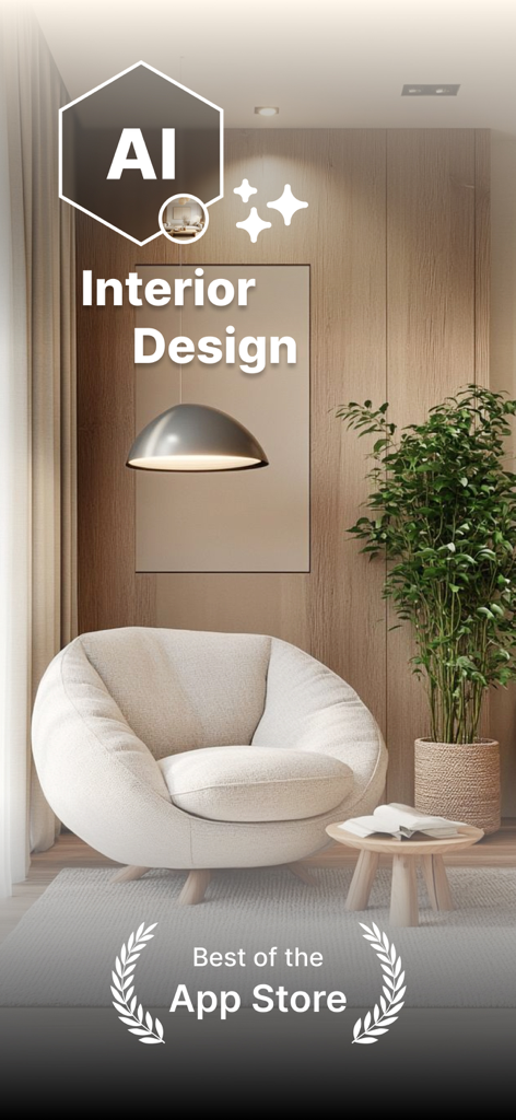 Interior Design - Home Remodel - AI Interior Design app interface showing a modern living room with a stylish white armchair and wooden wall decor