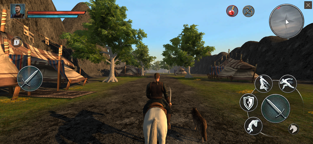 Ertugrul Gazi riding a white horse through a tribal camp with a pet wolf