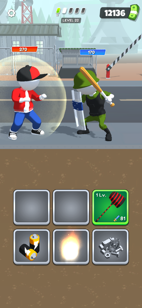 Merge Fighting: Fight Hit Game - Gameplay screenshot of Merge Fighting showing a character battle and weapon merge grid