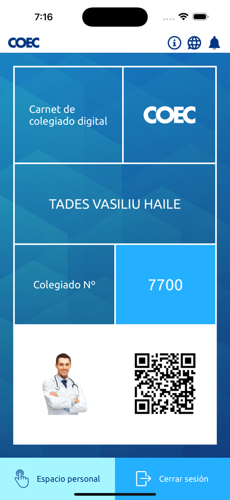 COEC APP - Digitale Mitgliedskarte in der COEC-App für Zahnärzte mit Name des Mitglieds und QR-Code.