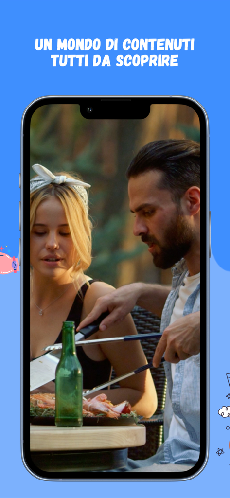 Sluurpy - eat & share - Un écran de smartphone affichant l'application Sluurpy avec un couple partageant un repas en plein air et un texte sur la découverte de contenu culinaire.