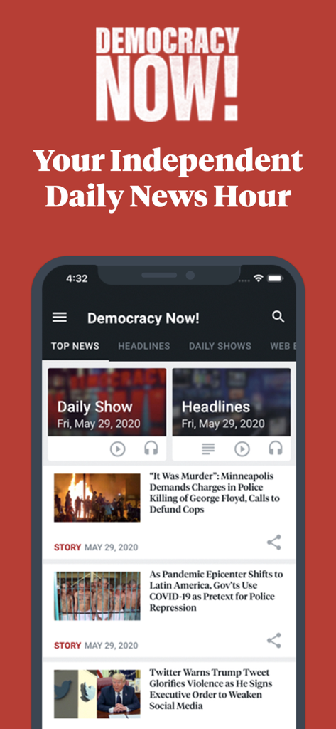 Democracy Now! - Democracy Now news app home screen displaying headlines and daily news segments
