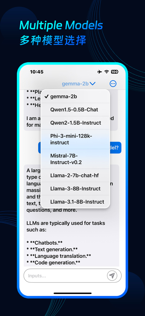 xChat AI - Offline Chatbot - A screenshot of xChat AI app showing a menu to select between different offline large language models like Llama Gemma and Mistral