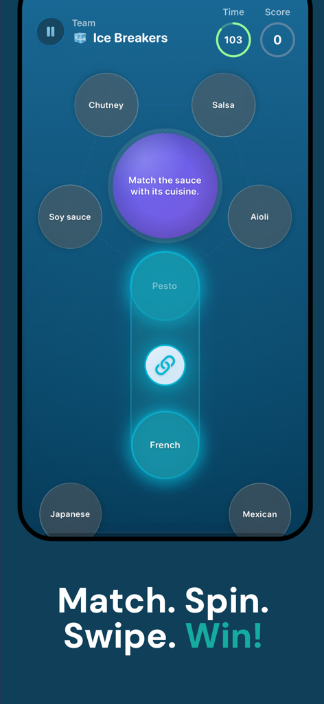 TalkFlow: Play Together - Tela do aplicativo TalkFlow mostrando um jogo de trivia onde os jogadores combinam molhos como pesto com sua culinária