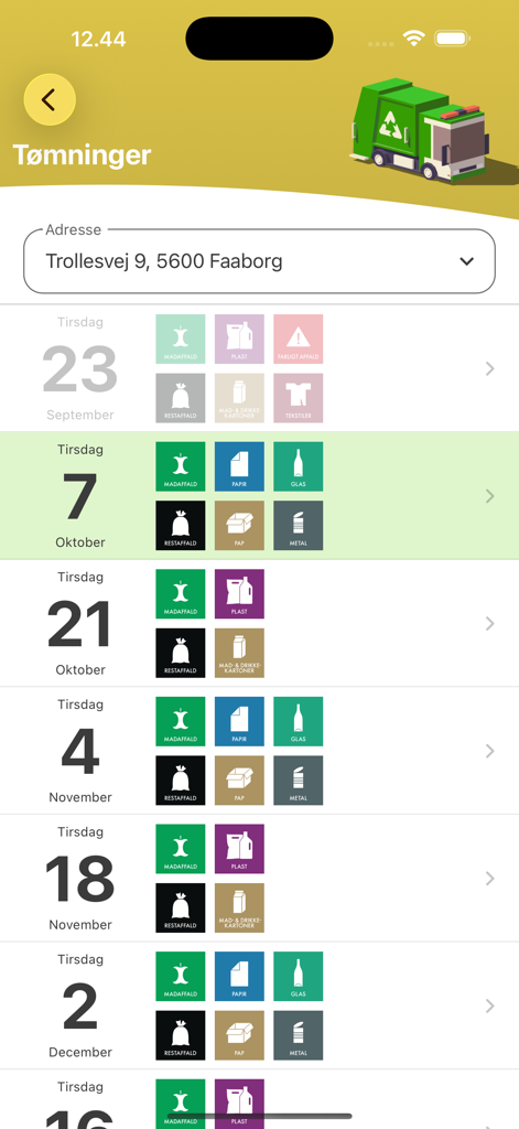 Mobile app screen showing a waste collection calendar with specific pickup dates and icons for various trash categories