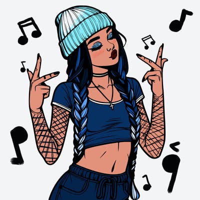 realistic teenage girl with braids and a beanie and crop top doing 🫶🏼