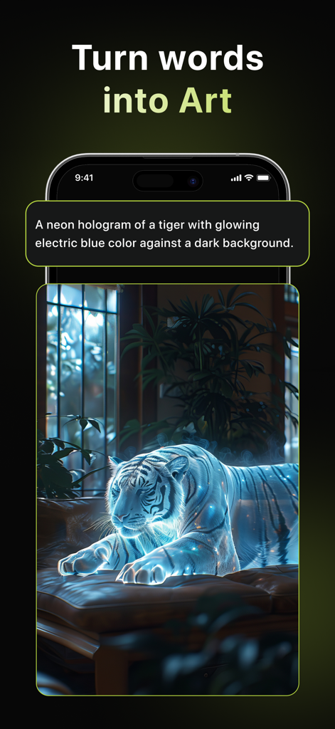 Motion : AI Video Generator - Motion AI app interface showing a text prompt and generated art of a neon blue tiger