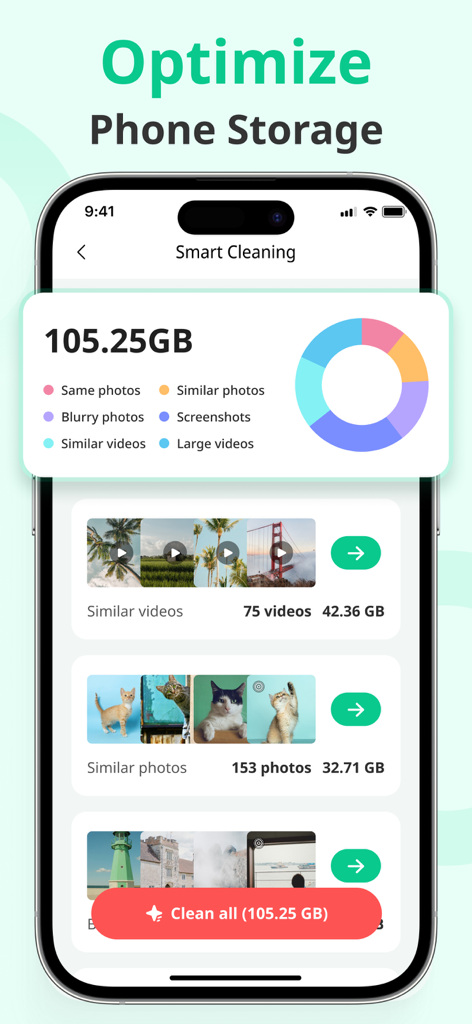 Speed Space: Phone Cleaner - Interface of Speed Space app showing smart storage optimization with categories for similar videos and photos on an iPhone