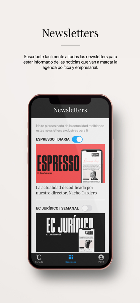 Screenshot of El Confidencial app showing the newsletter subscription interface on an iPhone