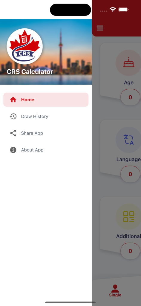 CRS Score Calculator - Canada - Navigationsmenü der CRS Score Calculator Canada App mit den Optionen Home und Draw History.