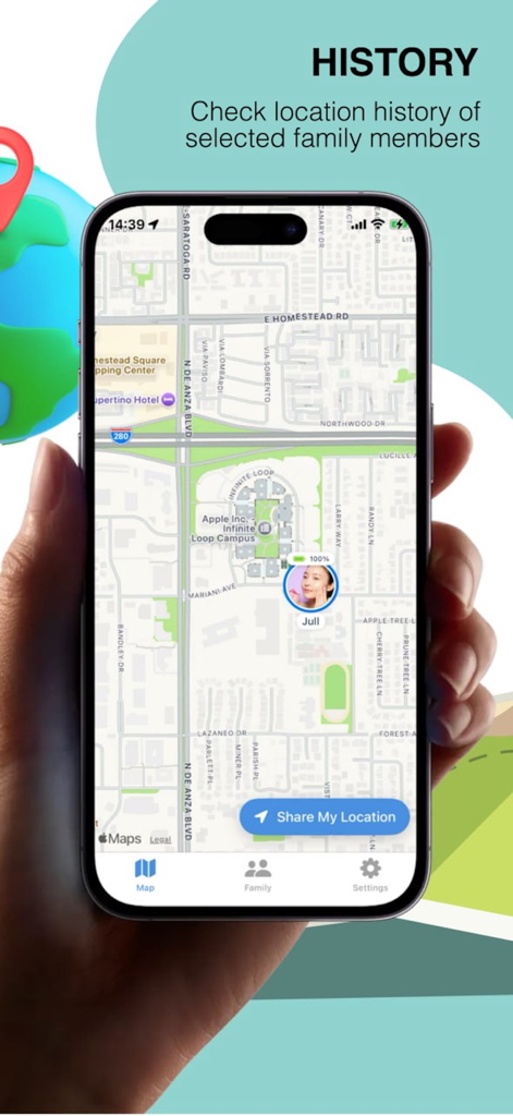 Find My Kids: Location Tracker - Pantalla de iPhone mostrando el historial de ubicación familiar en un mapa con un icono de perfil de miembro de la familia