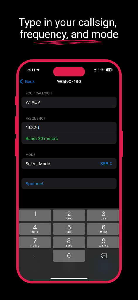 Offline Spotter for POTA/SOTA - Interface of the Offline Spotter app for entering amateur radio callsign frequency and mode.