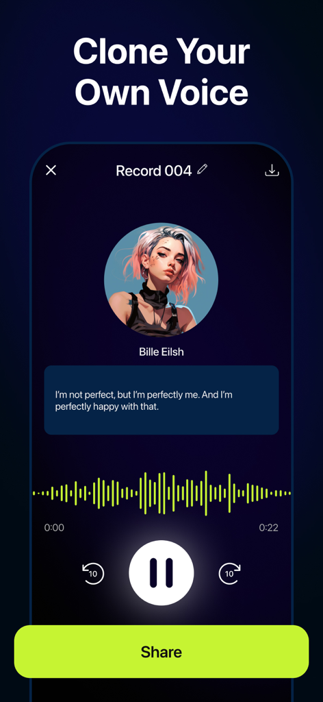 Interfaz de la app Yapper AI Voice Changer que demuestra la función de clonación de voz con controles de reproducción y botón de compartir