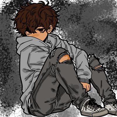 a male hoddie ripped jeans messy hair anime