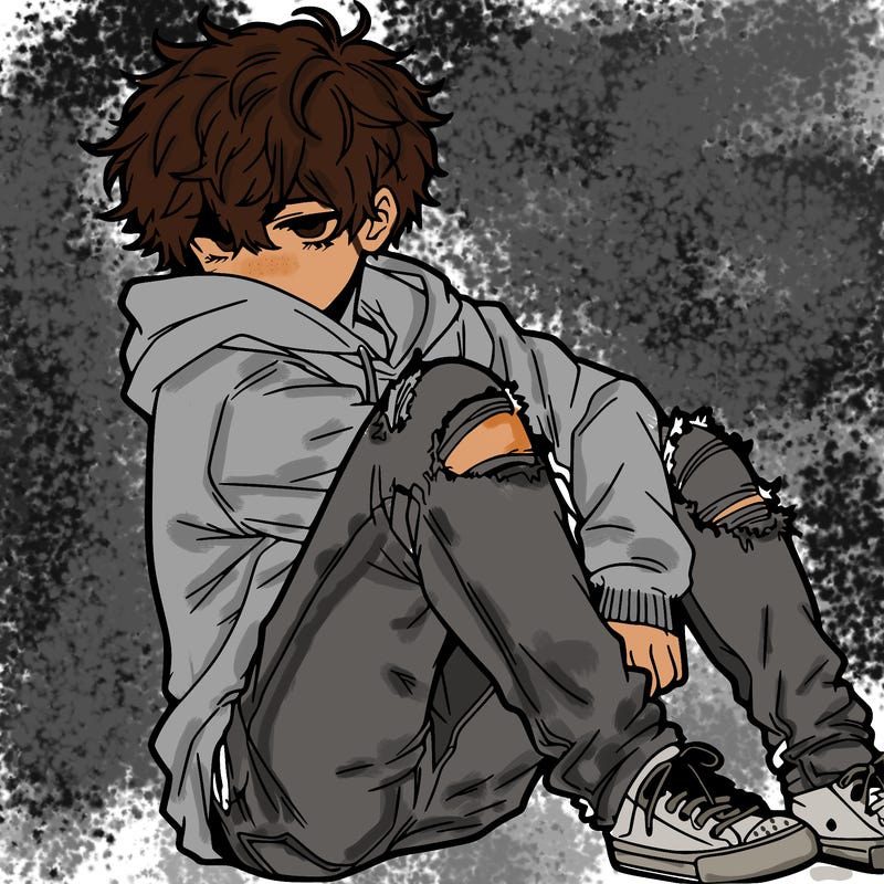 a male hoddie ripped jeans messy hair anime