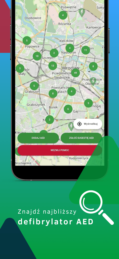 A smartphone displaying a city map with green markers indicating AED locations and a prominent red call for help button.