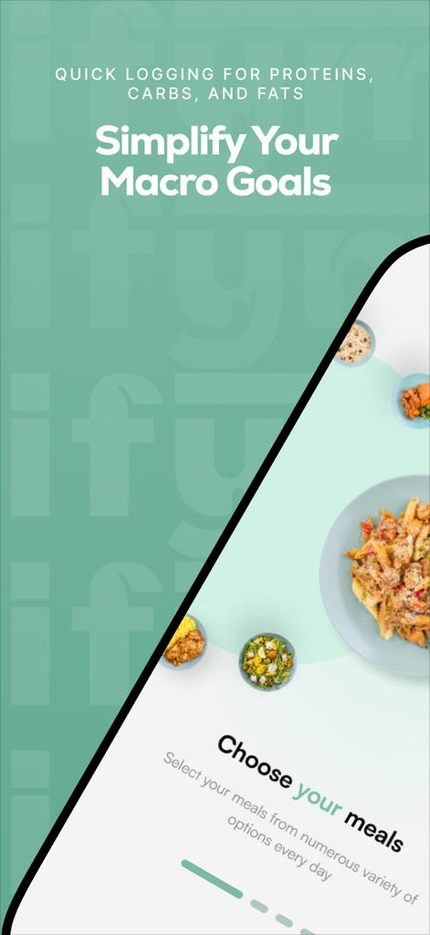 Interfaz de la app IIFYM para elegir comidas amigables con macros y registro rápido de proteínas, carbohidratos y grasas.