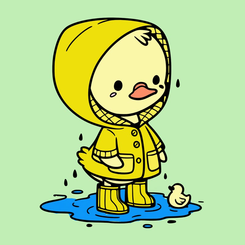 baby duck in a rain coat and boots, in a puddle while it’s raining