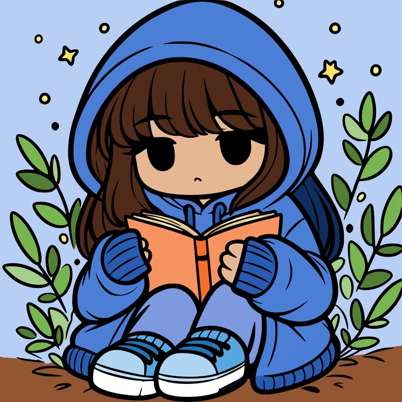 girl in oversized hoodie reading a book