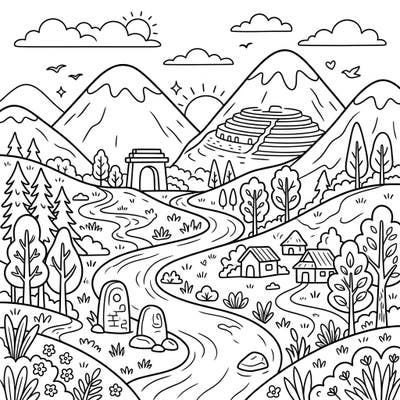 Embark on a creative journey with this delightful coloring page featuring a sacred valley landscape, perfect for kids. Young artists will love bringing vibrant life to mountains, a winding river, ancient structures, and charming villages.