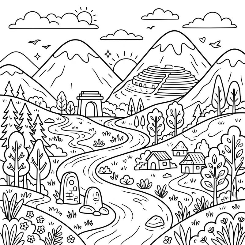 Embark on a creative journey with this delightful coloring page featuring a sacred valley landscape, perfect for kids. Young artists will love bringing vibrant life to mountains, a winding river, ancient structures, and charming villages.