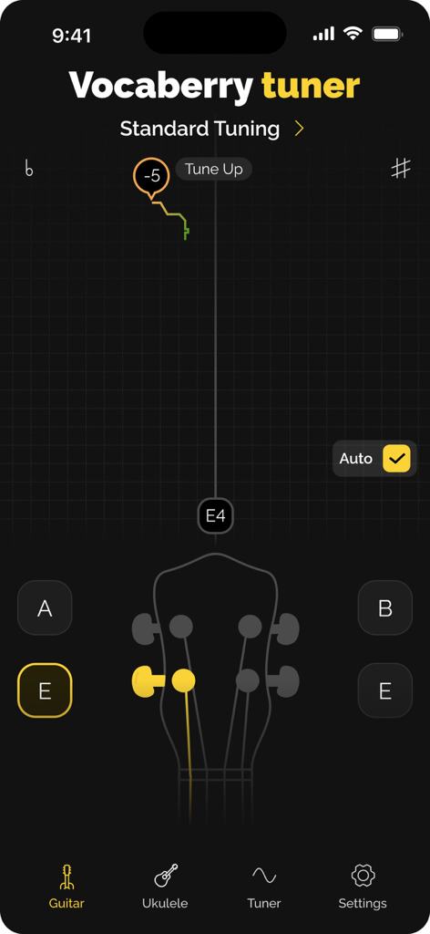 Vocaberry Tuner - Interfaz de la aplicación Vocaberry Tuner mostrando un afinador cromático con una ilustración del clavijero de una guitarra e indicadores de tono.
