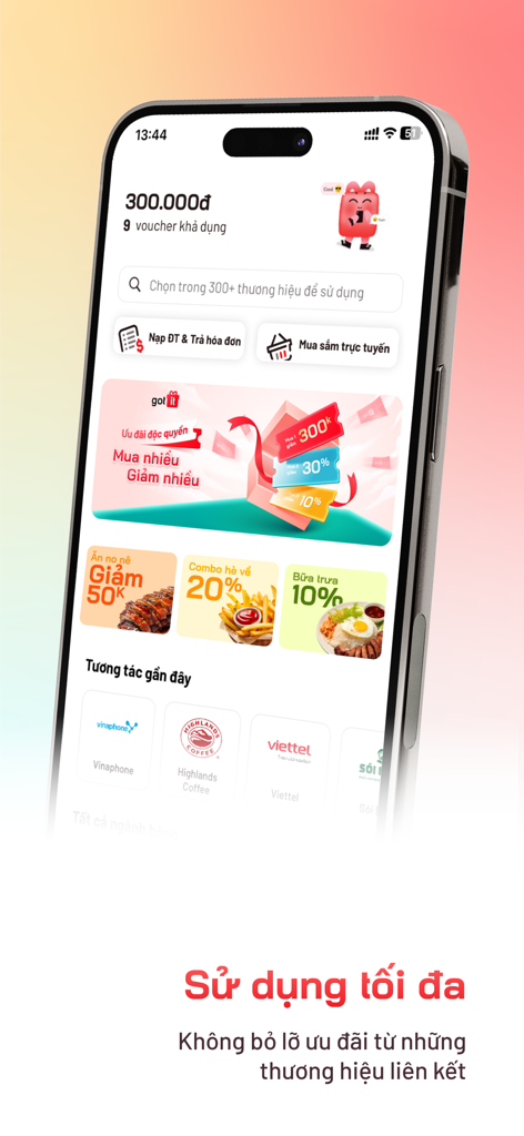 Got It - Quà điện tử - ギフトカード残高とさまざまな販売促進情報が表示されたGot Itアプリのインターフェースを示すスマートフォンの画面