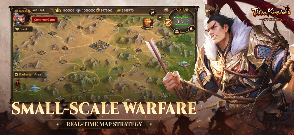 Real-time strategy map and hero character in Three Kingdoms Overlord