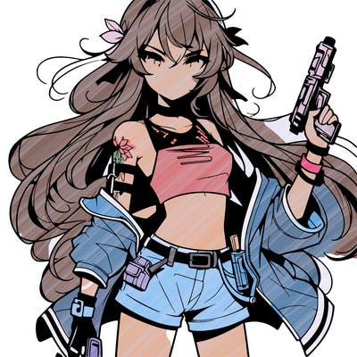 bad girl wearing crop top holding a gun long hair anime