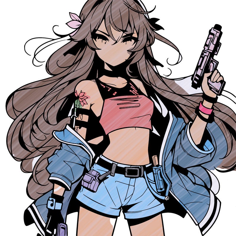 bad girl wearing crop top holding a gun long hair anime