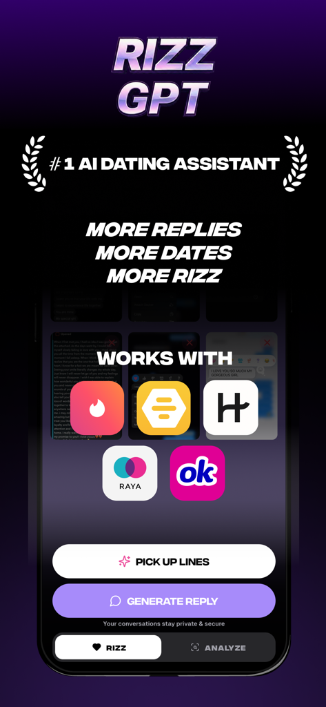RizzGPT AI dating assistant app interface showing features for pickup lines and reply generation compatible with Tinder Bumble and Hinge