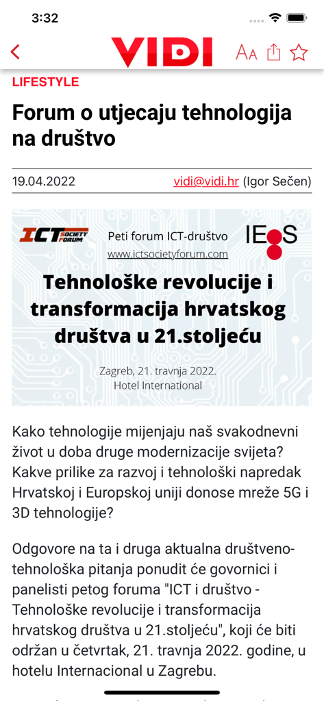 Vidi časopis - Article in the Vidi magazine app about a forum on technological revolutions and society