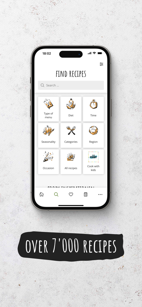 FOOBY: Recipes & More - Smartphone screen showing the FOOBY app search interface with recipe categories like diet and cooking with kids